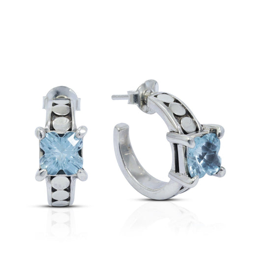 Hoops earrings 925 sterling silver with natural blue topaz decorated with dot ornament