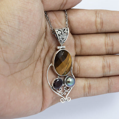 Multi stone pendant necklace 925 sterling silver with genuine tiger eye, red garnet and grey pearl
