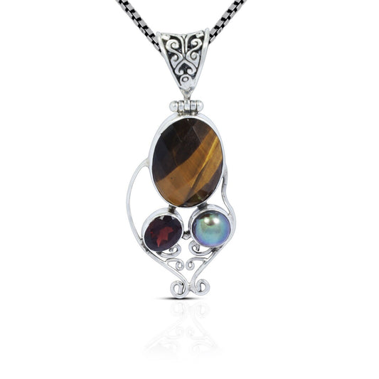 Multi stone pendant necklace 925 sterling silver with genuine tiger eye, red garnet and grey pearl