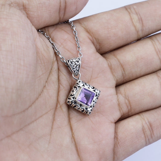 Amethyst Pendant Necklace square bezel set 925 sterling silver, 7*7 mm square amethyst