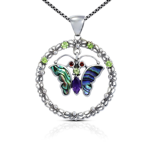 Butterfly Pendant 925 sterling silver with abalone shell decorated with Circle filigree ornament and genuine green peridot,