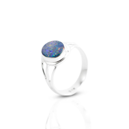Australian opal ring set in 925 sterling silver, triple shank ring with opal