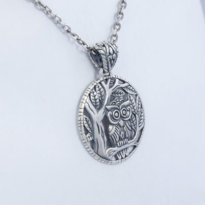 silver owl pendant 925 sterling silver decorated with nature forest panorama in antique finishing