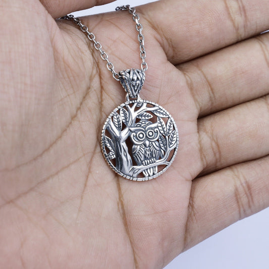 silver owl pendant 925 sterling silver decorated with nature forest panorama in antique finishing
