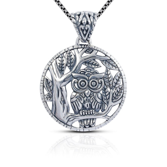 silver owl pendant 925 sterling silver decorated with nature forest panorama in antique finishing