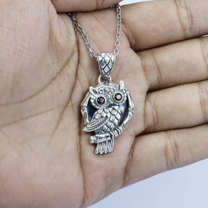 owl pendant necklace 925 sterling silver with genuine red garnet and black shell background with antique finishing