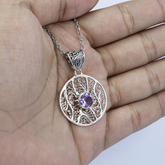 amethyst pendant 925 sterling silver decorated with beautiful delicate filigree ornament