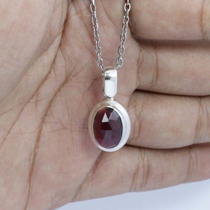 red garnet pendant necklace 925 sterling silver bezel set oval shape