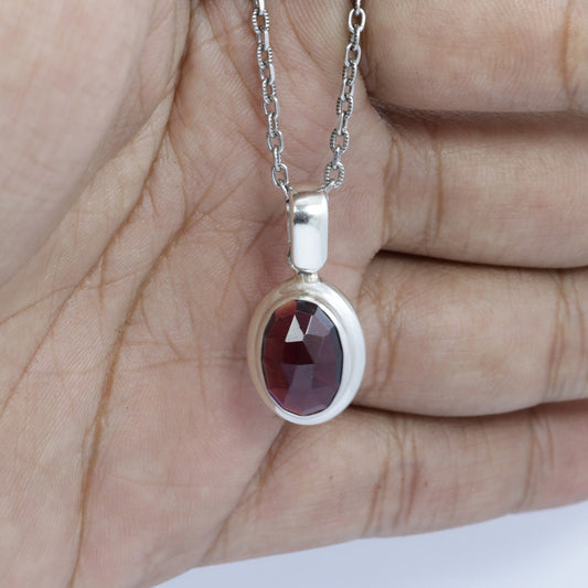 red garnet pendant necklace 925 sterling silver bezel set oval shape