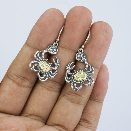 silver crab earrings 925 sterling silver decorated with genuine 18K yellow gold ornament