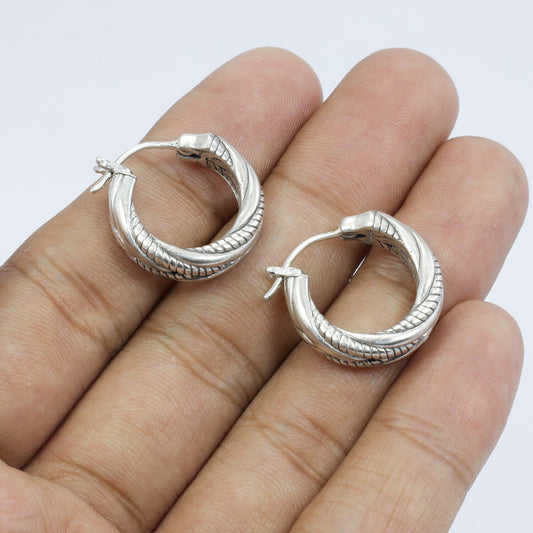 Hoop earrings 925 sterling silver decorated with woven art and push back closure