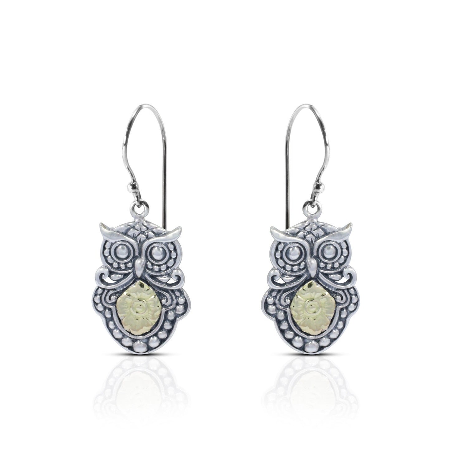 Owl earrings 925 sterling silver combined with real gold 18K dangle drop