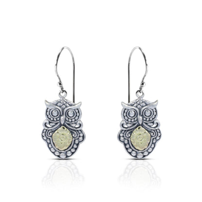 Owl earrings 925 sterling silver combined with real gold 18K dangle drop
