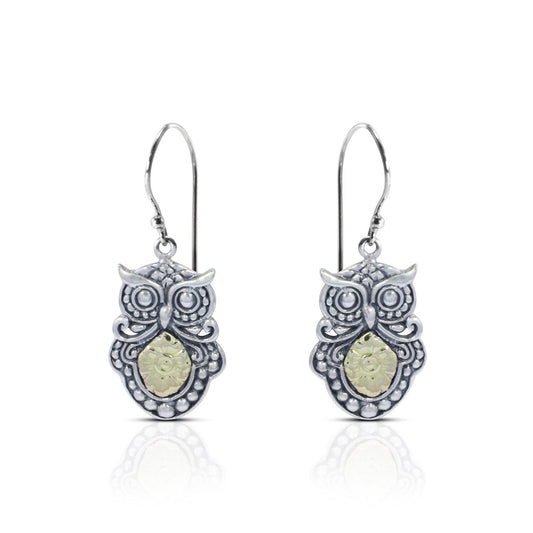 Owl earrings 925 sterling silver combined with real gold 18K dangle drop