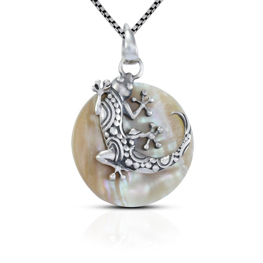 gecko pendant necklace 925 sterling silver with genuine golden yellow shell decorated with filigree ornament
