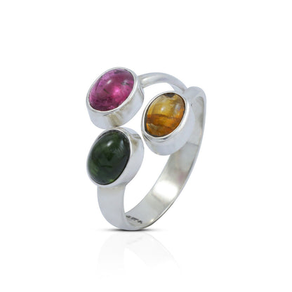 Bypass ring 925 sterling with natural multi color tourmaline bezel set