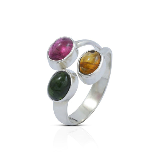 Bypass ring 925 sterling with natural multi color tourmaline bezel set