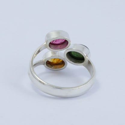 Bypass ring 925 sterling with natural multi color tourmaline bezel set