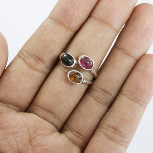 Bypass ring 925 sterling with natural multi color tourmaline bezel set