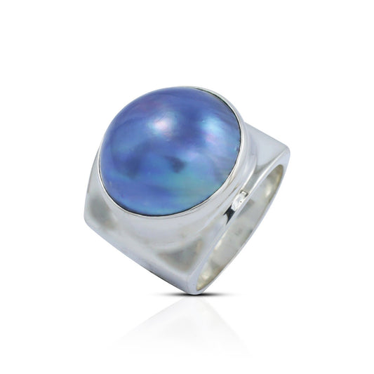 blue mabe pearl ring set in 925 sterling silver wide band