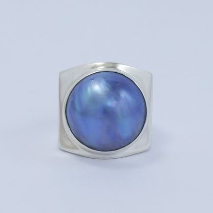 blue mabe pearl ring set in 925 sterling silver wide band