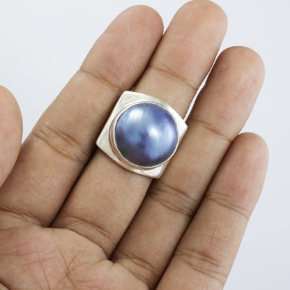 blue mabe pearl ring set in 925 sterling silver wide band
