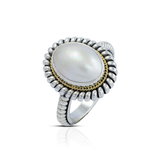 Oval pearl ring 925 sterling silver decorated with cable rope edge and 18k Yellow gold