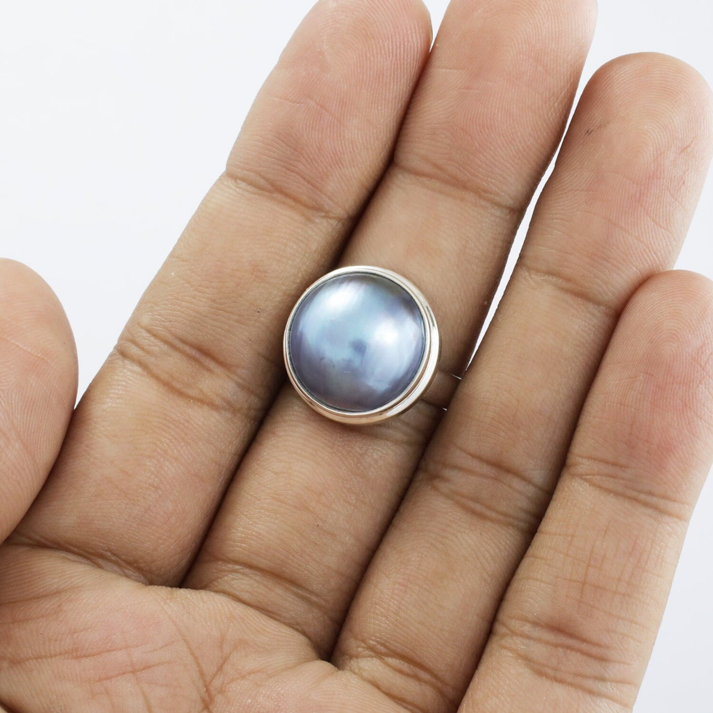 blue mabe pearl ring 925 sterling silver with double bezel set