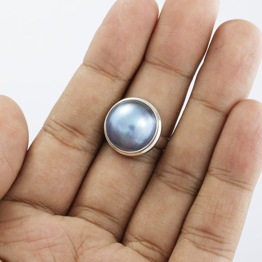 blue mabe pearl ring 925 sterling silver with double bezel set