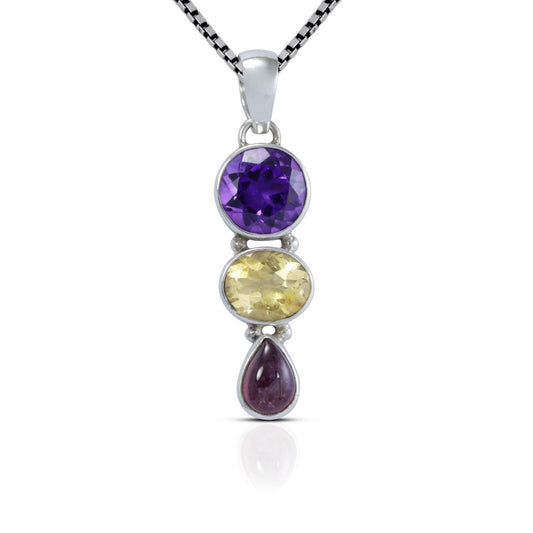 Amethyst pendant necklace 925 sterling silver with genuine yellow citrine and natural red garnet