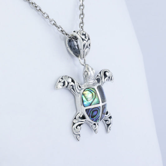 blue Turtle pendant 925 sterling silver decorated with swirl filigree ornament and abalone