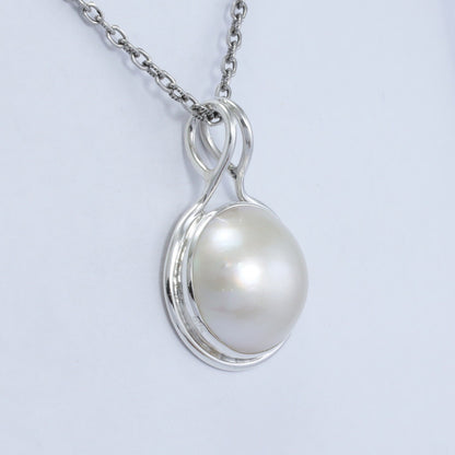 Mabe pearl pendant necklace 925 sterling silver with double bezel set