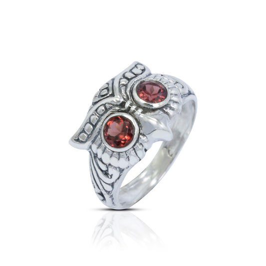 silver owl ring 925 sterling silver with natural garnet decorated with swirl filigree ornament