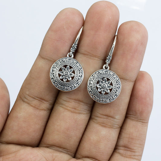 lotus flower earrings 925 sterling silver oxidized finishing decorated with Bali ornament inspired