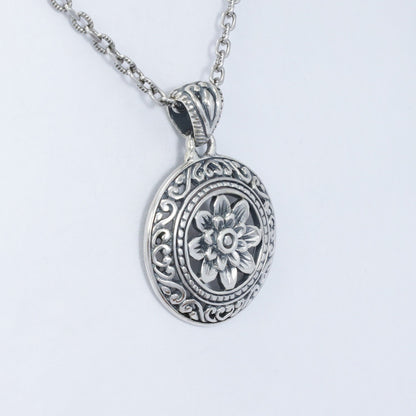 silver lotus flower pendant 925 sterling decorated with swirl filigree ornament and antique finishing