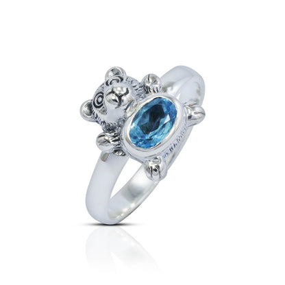 teddy bear ring 925 sterling silver with genuine blue topaz