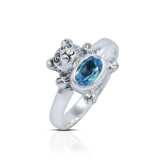 teddy bear ring 925 sterling silver with genuine blue topaz
