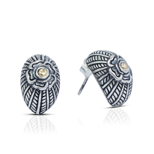 huggie earrings stud 925 sterling silver decorated with flower ornament and woven art