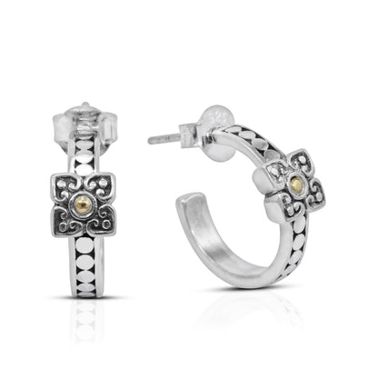 hoop earrings 925 sterling silver decorated with flower filigree and 18K yellow gold