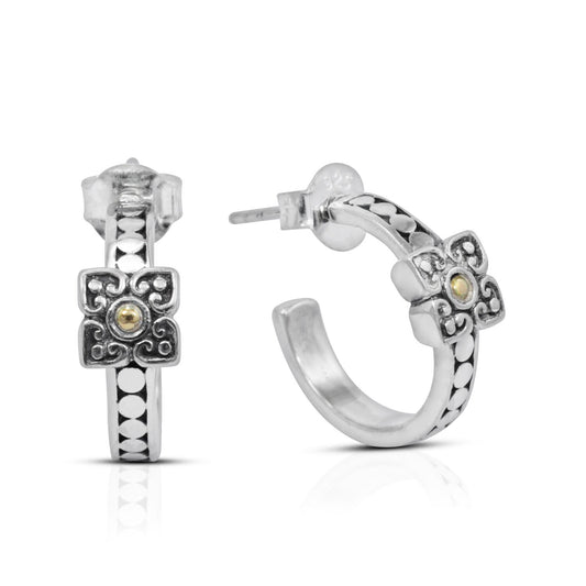 hoop earrings 925 sterling silver decorated with flower filigree and 18K yellow gold