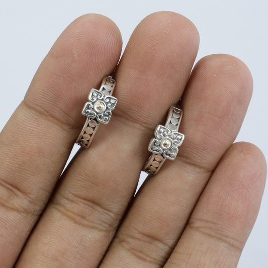 hoop earrings 925 sterling silver decorated with flower filigree and 18K yellow gold