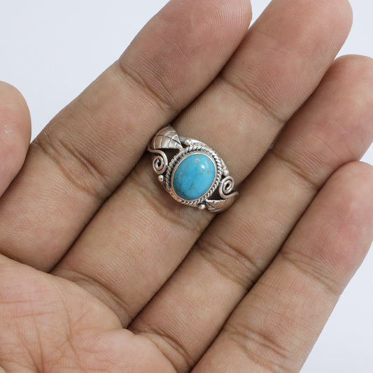 oval turquoise ring 925 sterling silver for women oval shape decorated with leaf ornament