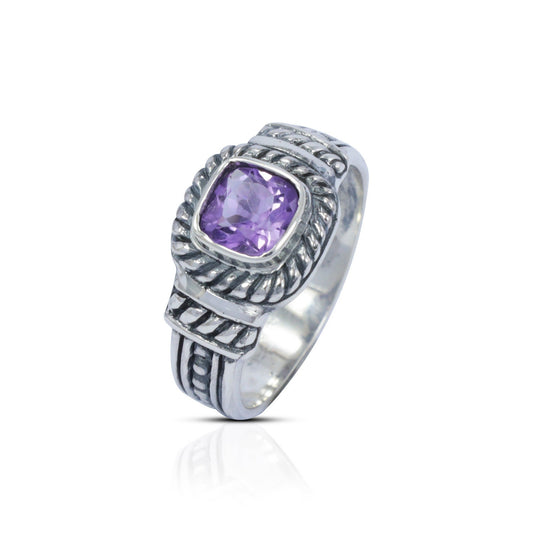genuine amethyst ring 925 sterling silver decorated with cable style rope