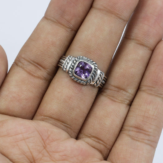 genuine amethyst ring 925 sterling silver decorated with cable style rope