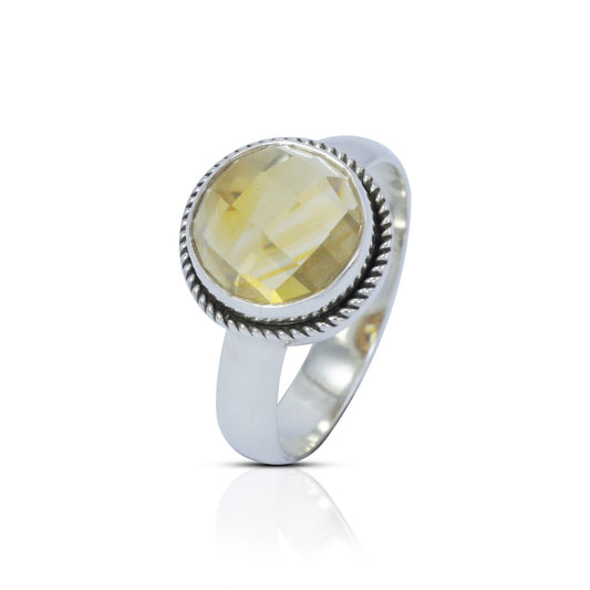 yellow citrine ring 925 sterling silver decorated with cable style edge bezel