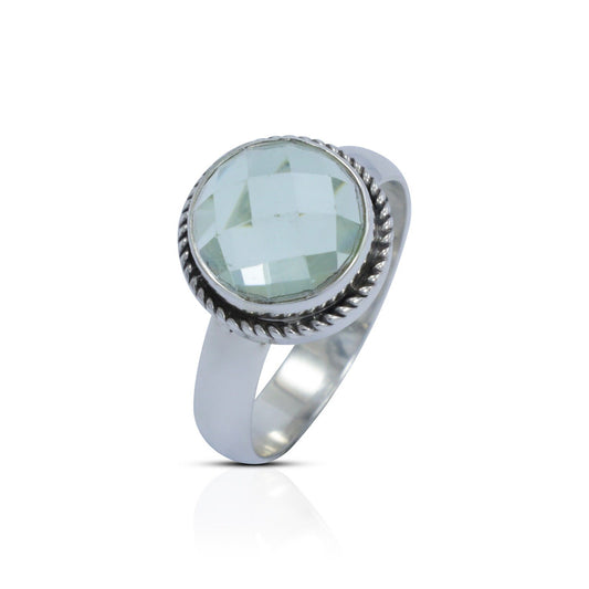 Round Green Amethyst ring 925 sterling silver With woven chain bezel ornament