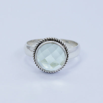 Round Green Amethyst ring 925 sterling silver With woven chain bezel ornament