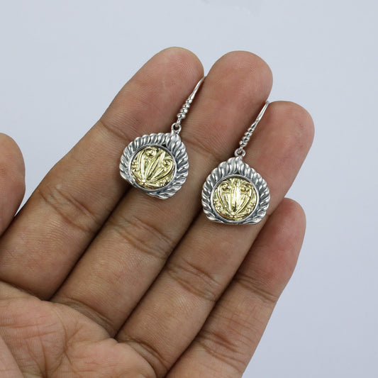 lotus flower earrings two tone 18K yellow gold on 925 sterling silver decorated with cable rope
