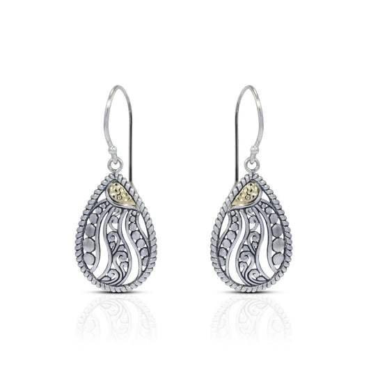 dangle drop earrings 925 sterling silver decorated with 18K gold accent and swirl filigree open work