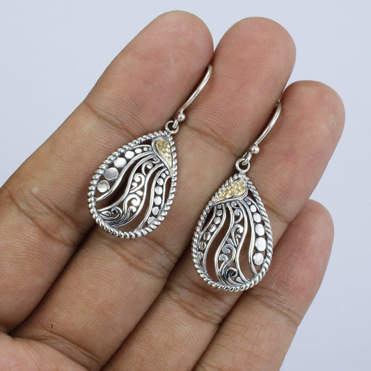 dangle drop earrings 925 sterling silver decorated with 18K gold accent and swirl filigree open work